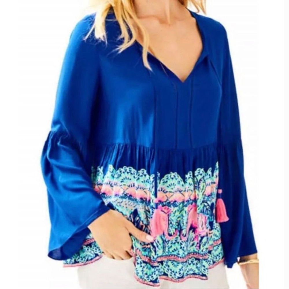 Lilly Pulitzer bright blue pink elephant Khali bell sleeve long sleeve blouse XS